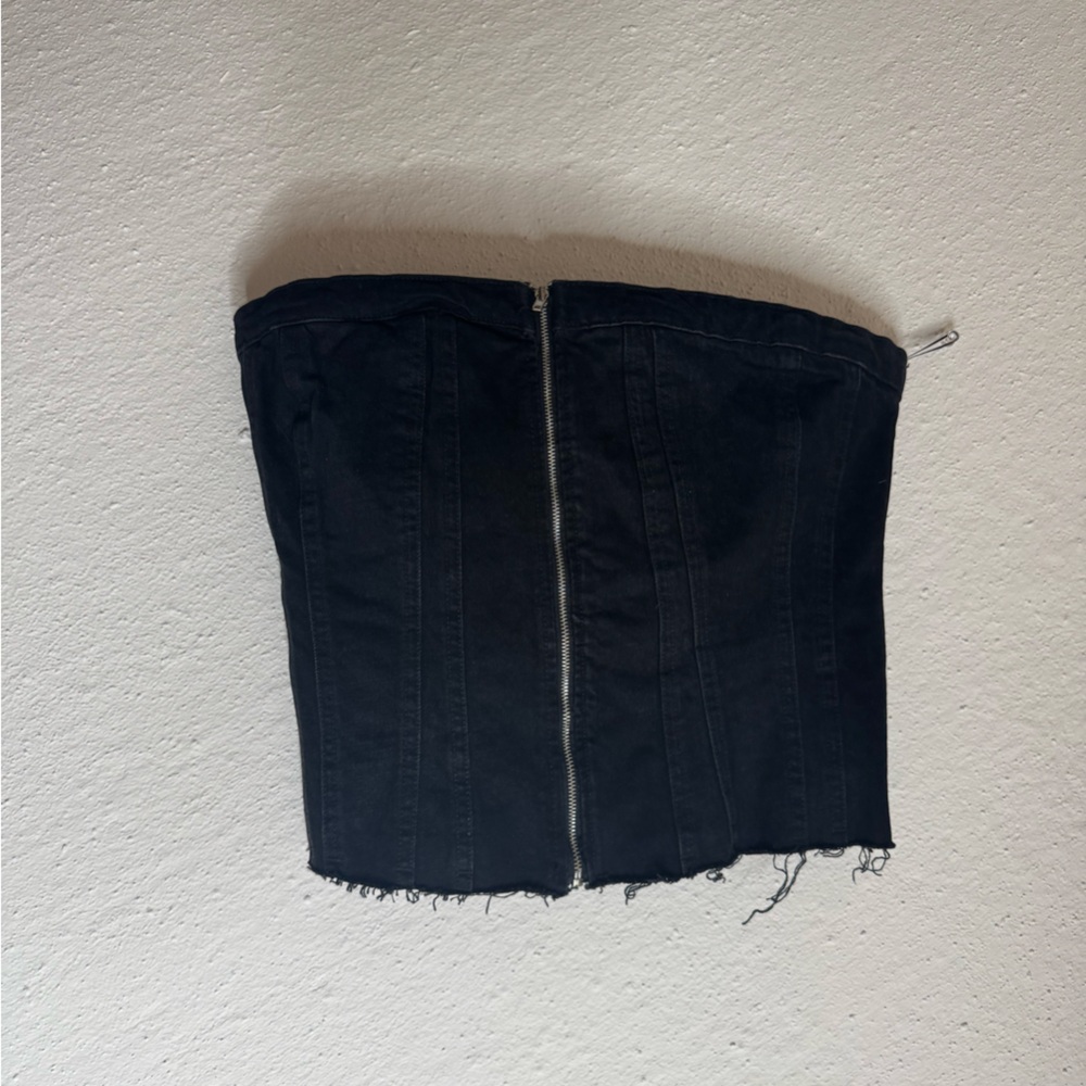 Zara Black Denim Mini Tube Top with Zipper Front